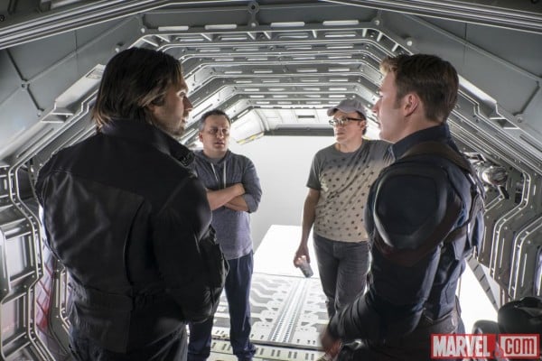 Joe and Anthony Russo directing Chris Evans and Sebastian Stan