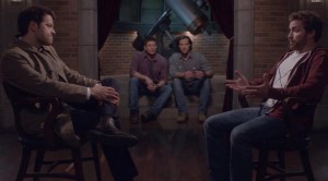 The Winchesters watch, fascinated by the Dr. Phil-like atmosphere between Father and Son. 