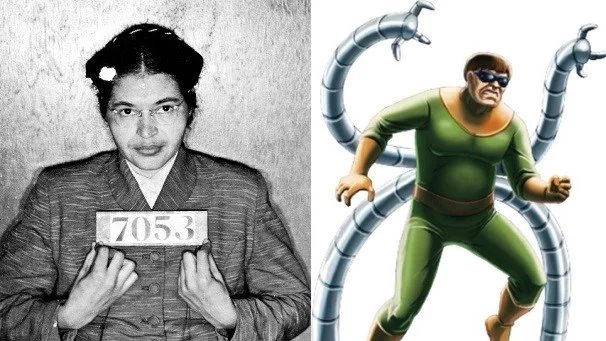 Rosa Parks and Doctor Octopus split screen image