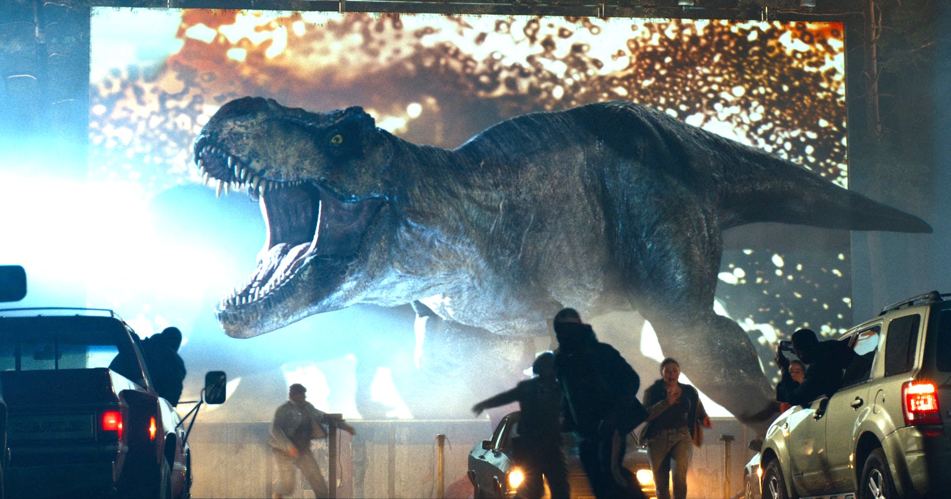 T-Rex causes havoc at a drive in movie theater